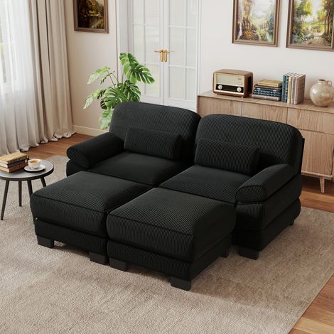 Modulares 2-Sitzer-Sofa mit 2 Hockern, schwarzer Cord, 194 x 161 x 94 cm REDOM (1/5)