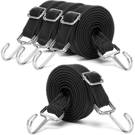 Tendeurs Élastiques, 4 Pièces de 1M, Tendeur de Bagages Élastique, Sangle de Serrage Extra Forte, avec Crochet Métallique, pour Vélo, Moto, Porte-Voiture, Camping (Noir) (1/5)