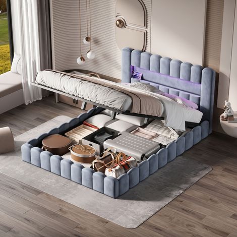 Lit double 180x200 cm avec éclairage LED et Type-C et USB, Lit capitonné avec coffre de rangement avec sommier à lattes en bois, velours (Gris) (1/5)