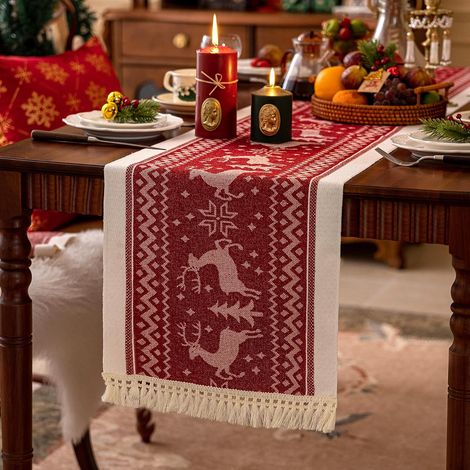 Chemins de table 107 pouces, chemin de table à motifs d’élan avec franges à pompons, chemin de table de Noël pour fêtes, tables basses, festivals (1/4)
