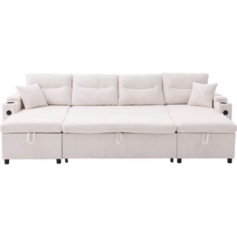 Divano Letto 4 Posti, Doppia Chaise Longue con Contenitore, Portabicchieri e USB-C, Velluto a Coste Beige (1/5)
