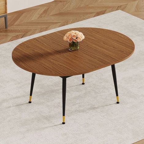 Table extensible table de salle à manger moderne forme ovale aspect noyer plateau en mdf pieds métal stables 6 à 10 personnes (1/5)