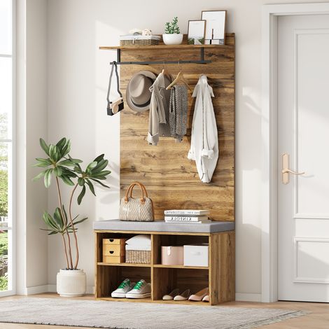 MODFU Attaccapanni e appendiabiti 84x32x175cm con panca per scarpe, asta appendiabiti, ripiani regolabili, ingresso/camera da letto, pannello truciolare, colore rovere (1/5)