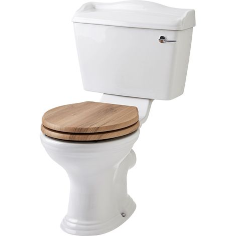 Milano Towneley White Ceramic Close Coupled Bathroom Toilet Pan WC and Cistern with Walnut Effect Seat