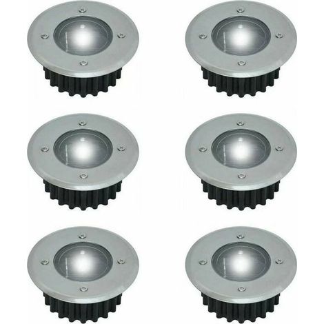 Ensemble de 6 spots solaires LED encastrables dans le sol - Ronds - Diamètre : 85 mm - Revêtement extérieur résistant à la pression - Façade en acier inoxydable - 6 cellules solaires-AquaForge (1/5)