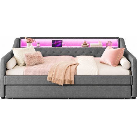 Cama nido 90x200 con cama extra 90x190, LED regulable por app, USB, somier incluido, sin colchón, tapizada en tela gris y MDF para dormitorio  CHICFURN (1/5)