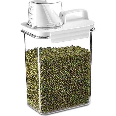 Boîte de conservation pour céréales, petit récipient portable pour riz, haricots, aliments pour animaux, détergent, avec verre doseur, 1100 ml (1/5)