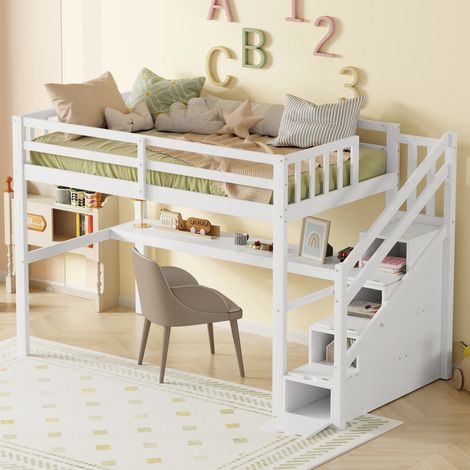 Lit mezzanine avec bureau,lit mezzanine enfant 90 x 200,lit mezzanine 2 place avec escalier de rangement,blanc --SUNFECILI (1/4)