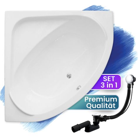Badewanne Eckbadewanne 140x140, Ablaufgarnitur & Füßen GRATIS - Komplettset 3in1 Original Acryl Wanne Premium Siphon - Made in EU - BADLAND STANDARD (1/5)