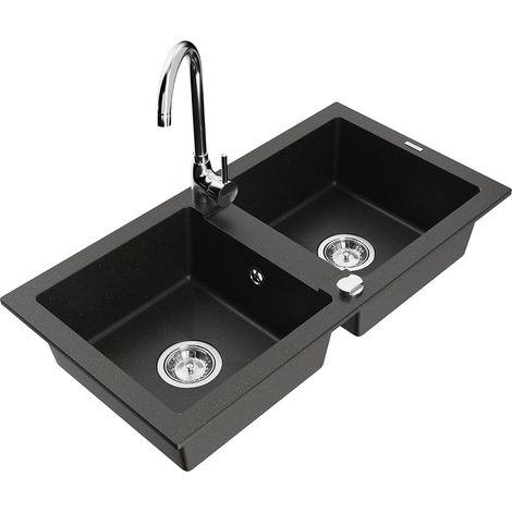 Mexen Mario Granitspüle mit 2 Becken und Küchenarmatur Telma, schwarz/gold - 6504-75-670200-00 (1/5)