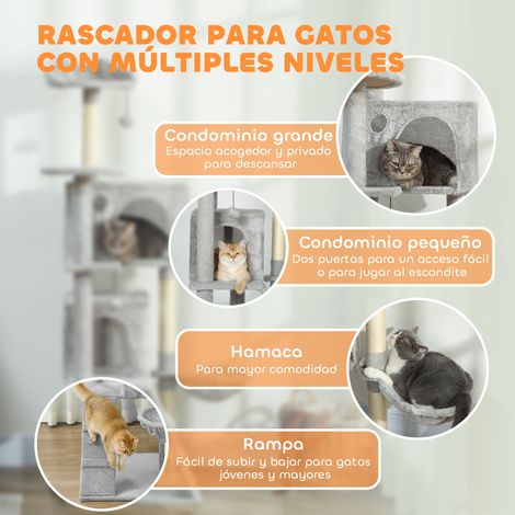 Árbol Rascador para Gatos 160 cm avec Plataformas Cama 2 Cuevas Hamaca Escalera Postes de Sisal Gris Claro (1/5)