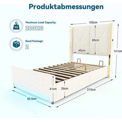 Lit en velours avec une tête de lit haute, rembourrée et matelassée, poches latérales, ports USB et éclairage LED, système de levier hydraulique et grand espace de rangement sous le lit – alliant desi (1/4)