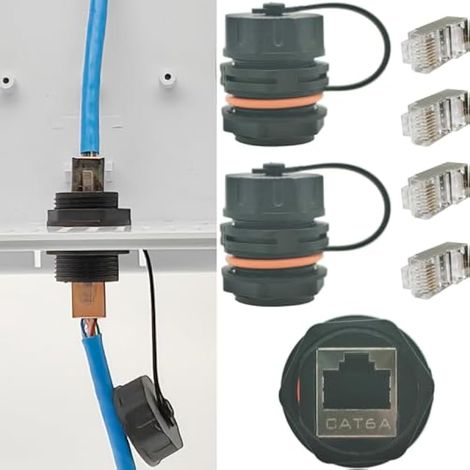 Coupleur RJ45 Étanche, 2 pcs CAT6A/6/5E/5 Conceteur Cable Éthernet+ Têtes Cristal 4pcs avec un montage à panneau industriel blindé Femelle à Femelle Coupleur avec bouchon imperméable/Dust (1/5)