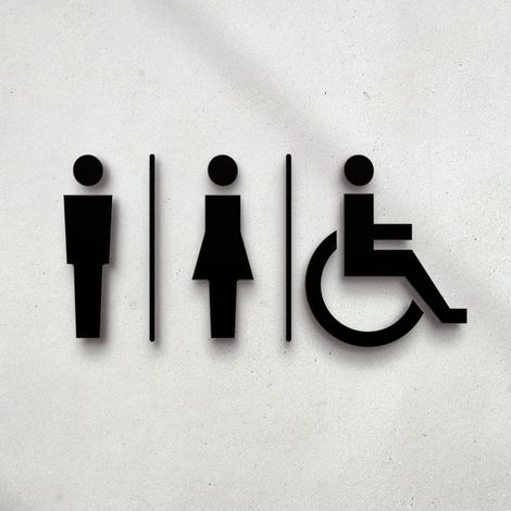 Plaque adhésive noire en relief pour toilettes (14 x 22,5 cm). Panneaux pour toilettes hommes et femmes handicapées - Autocollants pour toilettes. (1/3)