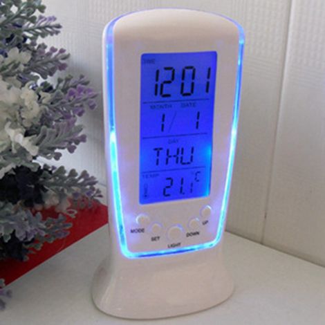 Mini-Wecker aus ABS, geruchlos, weiß, blaue Hintergrundbeleuchtung, mit Temperaturanzeige, ideal für Zuhause (Modell 510). (1/5)