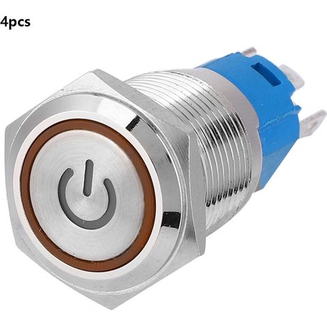 Bouton-poussoir annulaire métallique à LED jaune, tête ronde plate, réarmement automatique, avec symbole d'alimentation, 16 mm, 12 V