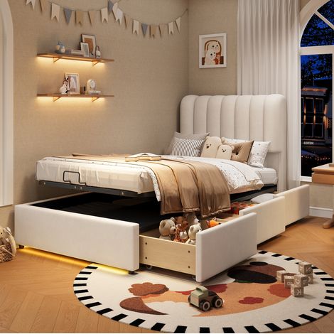 Cama 90/200 cm beige con canapé hidráulico, 3 cajones y luz LED (1/5)