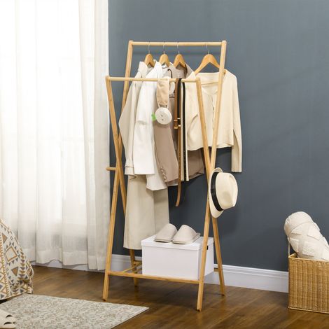 Appendiabiti in bambù con ripiano per scarpe, 2 barre e 2 ganci per camera da letto o ingresso, 74x42x150 cm, naturale (1/5)