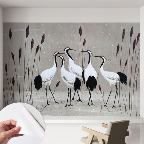 Selbstklebend Tapete - abwaschbar - Raumgestaltung  Schlafzimmer Wohnzimmer Tapete Kranichschwarm 152x104 cm
