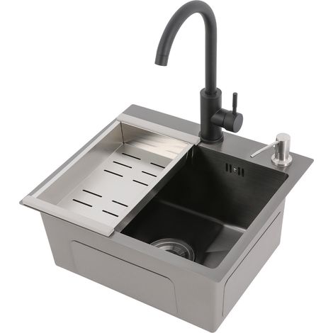 Fregadero de cocina de 40 x 45 cm, fregadero simple de acero inoxidable, negro, con un kit que incluye un grifo, un sifón, un dispensador de jabón y un colador (1/5)