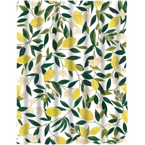 Rideau de douche en tissu imperméable décoré de motifs de citron, de fruits, de feuilles vertes et de plantes, 180 x 180 cm, imperméable, lavable, convient pour une utilisation dans la salle de bain.