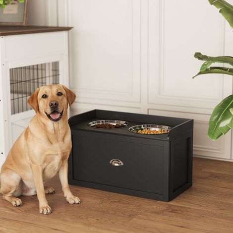 Gamelle double pour chiens/chats – Étagère de rangement surélevée 2 en 1 – Tiroir, 2 gamelles – Acier inoxydable et MDF noir (1/5)