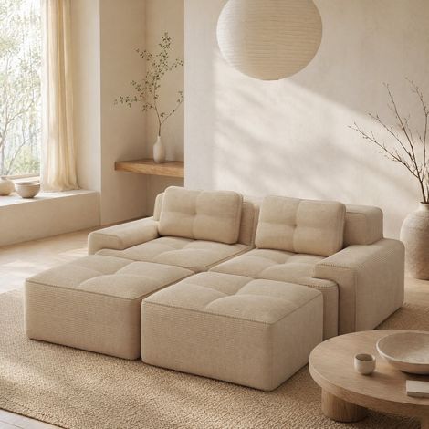 Divano modulare a U in velluto a coste beige, senza montaggio, con ottomana, OKWISH (1/5)