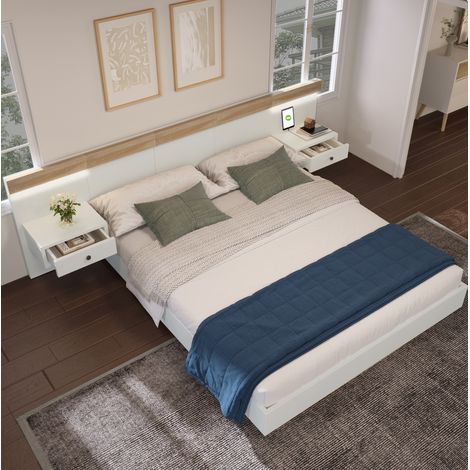 lit 160x200 avec 2 tables de chevet LED bois OKMYHOME (1/5)
