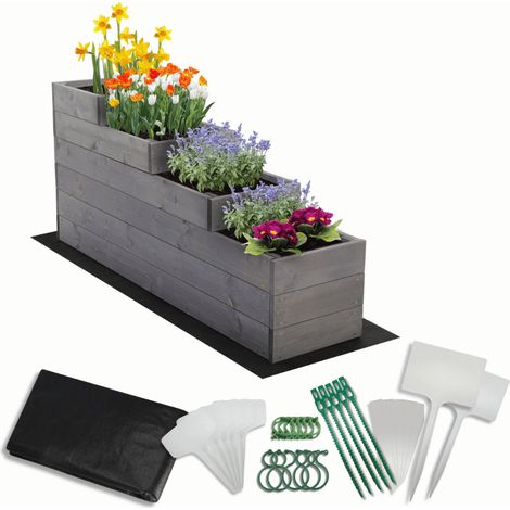 MODO24 Carré potager surélevé en bois, 4 niveaux en cascade, 54x30x120 cm, jardin/terrasse, kit jardinier inclus, gris imprégné (1/5)