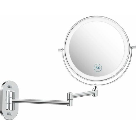 Wall Mounted Makeup Mirror with 3 Color Modes, USB Rechargeable, 5X Magnifying LED Mirror, Upgrade 0.5h Auto Off LED Bathroom Mirror, 360Swivel and Extendable, Idea Gift Choice (1/6)