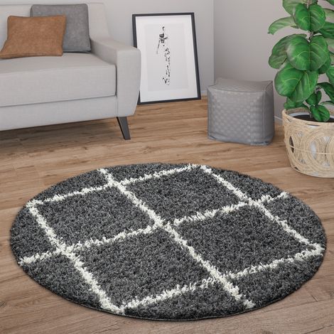 Paco Home Hochflor Teppich Rund Wohnzimmer Moderner Shaggy Langflor Skandi Rauten Anthrazit, 160 cm Rund