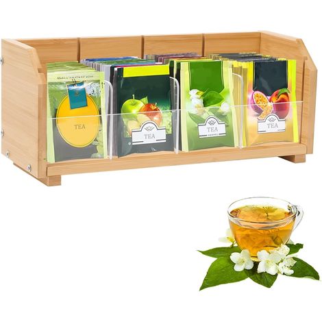 Boîte à thé, 4 compartiments, boîtes à thé pour sachets de thé, organisateur de thé en bambou, organisateur de sachets de thé pour le stockage du café (1/5)