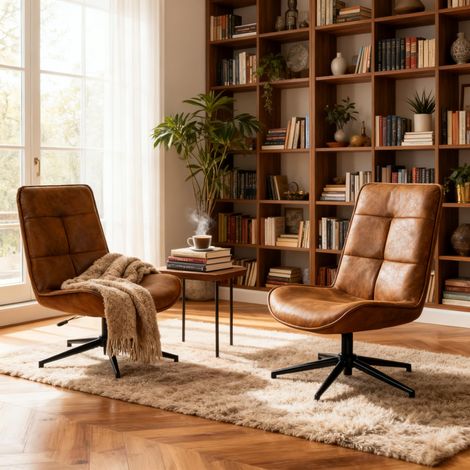 Meuble Cosy Fauteuil de Salon Pivotant Lot de 2, Chaise Relax Moderne avec Hauteur Réglable, Dossier Inclinable et Pliable, en Suédine Doux et Pieds Métal, Marron (1/5)
