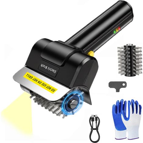 Brosse électrique sans fil pour barbecue, brosse de nettoyage à rouleau en acier inoxydable, 2000 mAh, rechargeable, avec gants, lumière intégrée et 1 brosse en acier. (1/5)