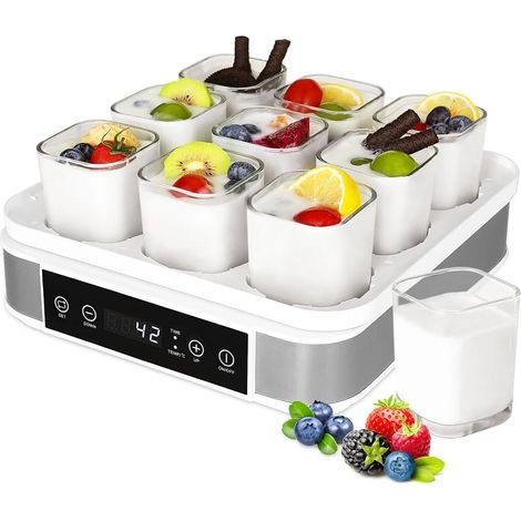 TLGREEN Yaourtière Électrique, Machine à Yaourt avec 9 Pots en Verre de 170ml, Yaourtière Pratique et Compacte, avec Minuterie, Thermostat Réglable et Écran LED, sans BPA, 40W (1/5)