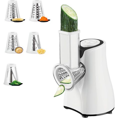 Robot rebanador, rebanador eléctrico con velocidad ajustable, 5 cuchillas intercambiables, rebana, ralla y corta, patas y botones antideslizantes, extraíble (blanco)