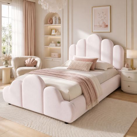 Lit enfant rembourré 90x200 cm avec pied de lit en forme de nuage, tête de lit capitonnée et coins arrondis, structure monobloc, velours, Rose (1/4)
