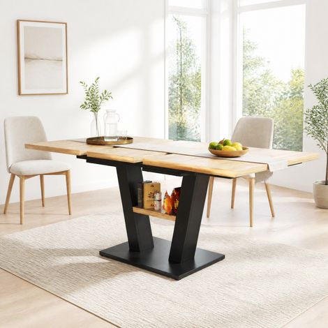 Mesa de comedor extensible 118-157/70/75 cm, negra y efecto madera natural, con patas en V (1/5)