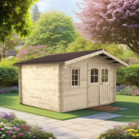 HABRITA Abri de jardin bois massif 10,30 m² - madriers 42 mm - toit double pente - double porte vitrée