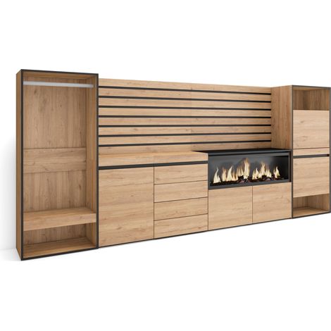 Skraut Home – Buffet moderne en chêne noir – Dimensions 334x35x145cm – Meuble de rangement avec cheminée électrique XXL – Commode et vestiaire ouvert (1/5)
