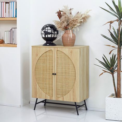 Buffet haut design naturel 80x39x101,8 cm, 2 portes, aspect bois et cannage (1/5)