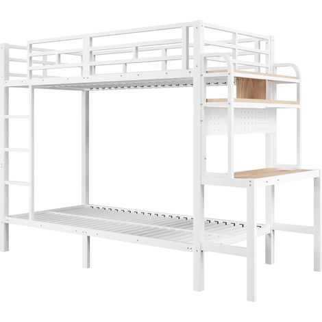 Litera 90 x 200 cm de metal y MDF con escritorio, estantes, tira LED y puerto USB, blanco (1/5)