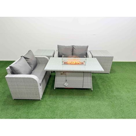 Fimous 4 Seater Outdoor Love Sofa Set Rattan Garden Furniture Set with Firepit Dining Table 2 Side Tables Light Grey (1/4)