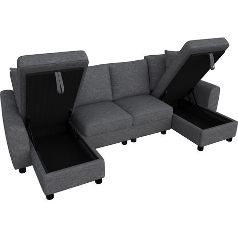 Canapé d'angle moderne en chenille gris, 2 places avec deux chaises longues et rangements, 280 x 137 x 84 cm (1/5)