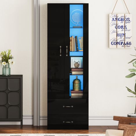 REDOM Vitrine 59.5x35x182 cm, mit Acryltür und 2 Schubladen, LED Beleuchtung, Spanplatte, Schwarz (1/5)
