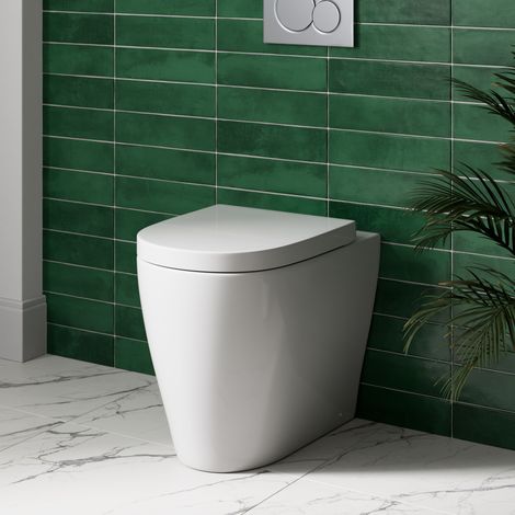 BTW Back To Wall Toilet Pan WC Curved Top Mounted Soft Close Seat Dual Cistern (1/5)