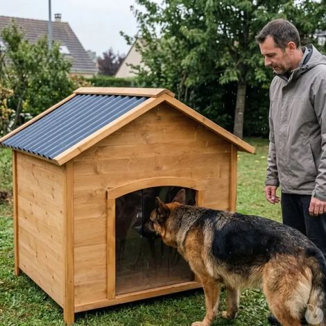 Niche en bois chalet pour chien - Taille XL - Toit PVC