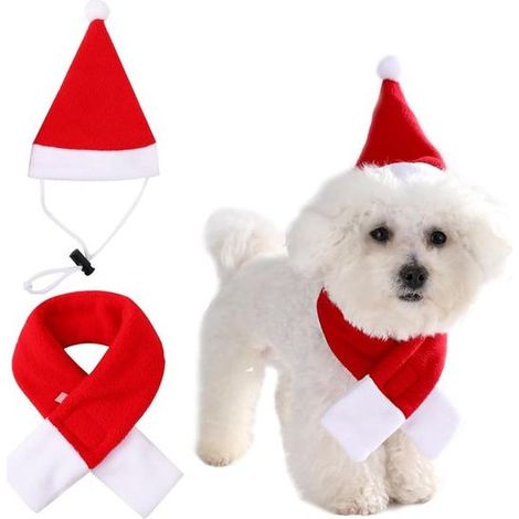 Ensemble de Noël 2 pièces pour chien et chat - Bonnet et écharpe - Bonnet de Père Noël personnalisable - Accessoire photo et déguisement - Taille L (1/5)