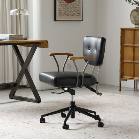 Chaise de bureau relevable 63x51x82 cm en cuir noir, avec accoudoirs en bois, pour bureau FloraGrace (1/5)