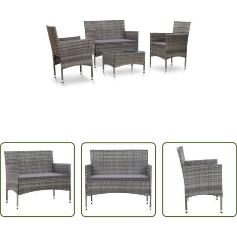 Canapé en résine - Salon de jardin 4 pcs avec coussins résine tressée gris (1/5)